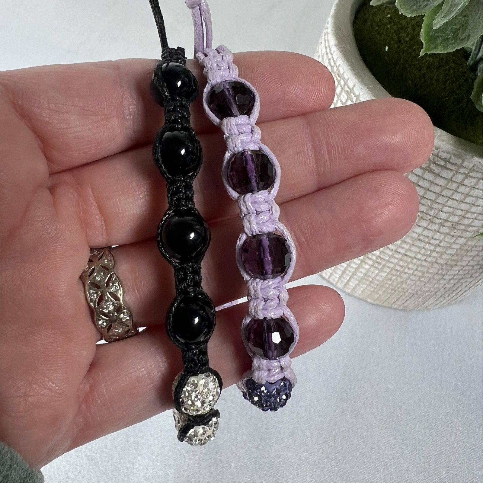 Shamballa Bracelet Set Crystal Pave Beads Macrame Purple & Black Adjustable Pair
