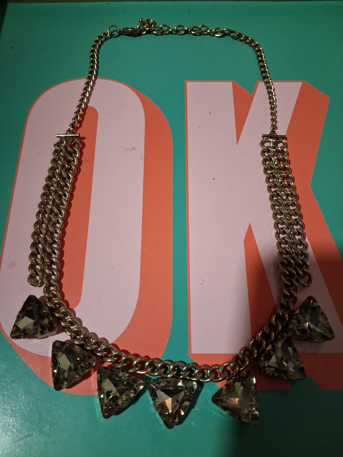 Silver Tone Adjustable Curb Chain Statement Necklace with Triangle Accents