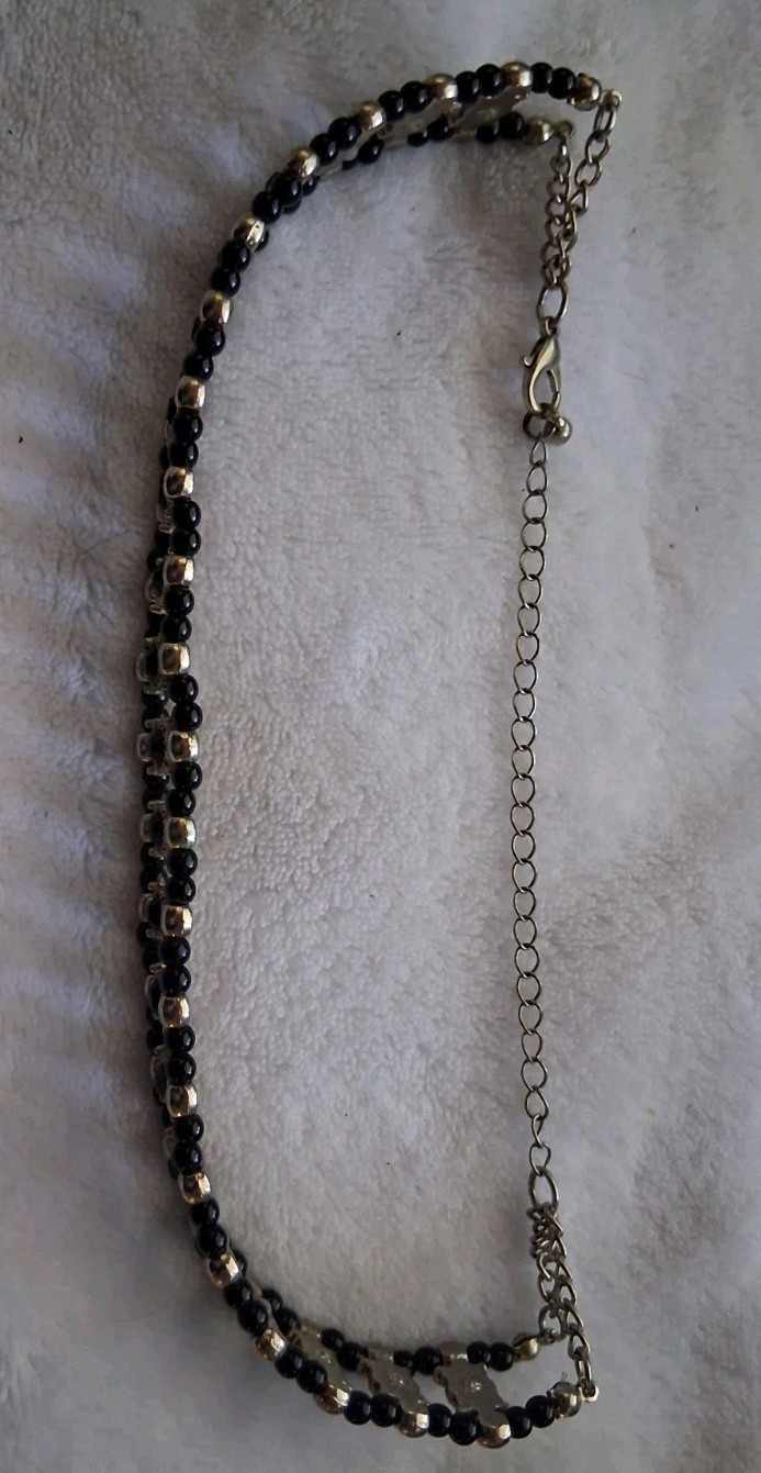 Vtg Gothic Black Beaded Panel Choker Necklace Silver Tone Victorian Rhinestone