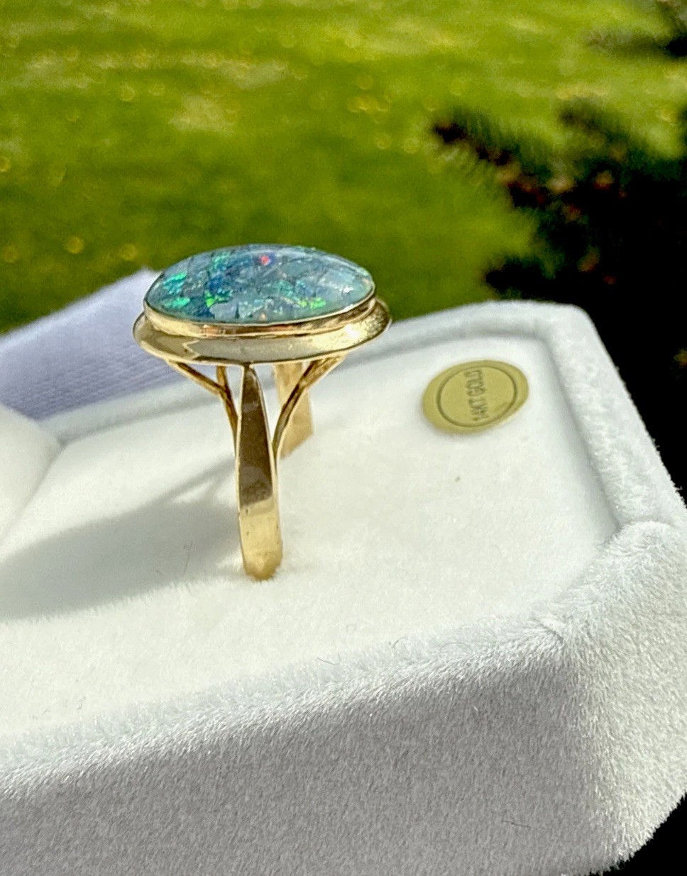 Vtg. Stamped 14K /585 Solid Yellow Gold Mosaic Opal Large Face Ring ,Sz:6.5