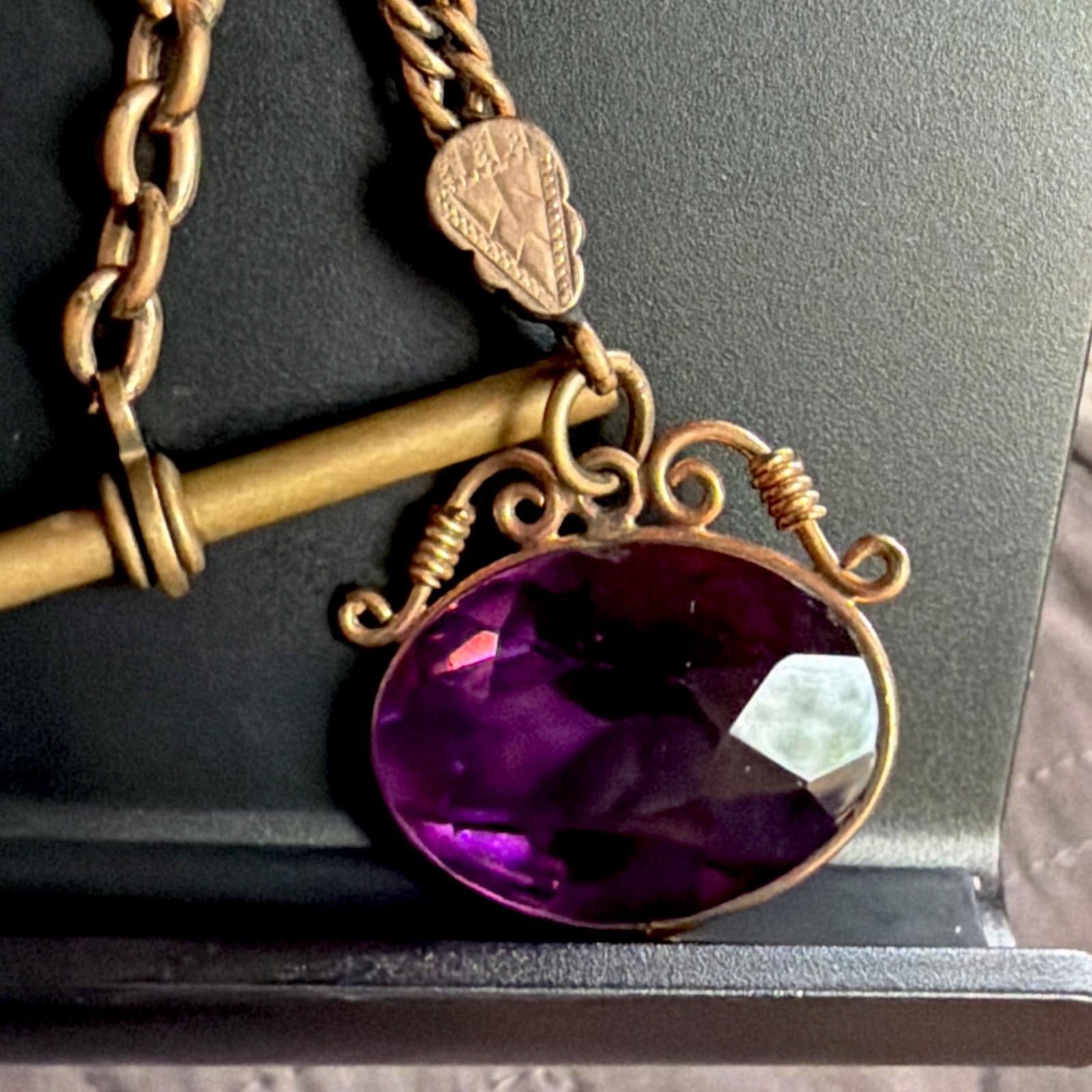 Victorian 23g Watch Chain 13” Gold Filled H.B. Co Gold Fill Purple Crystal Fob
