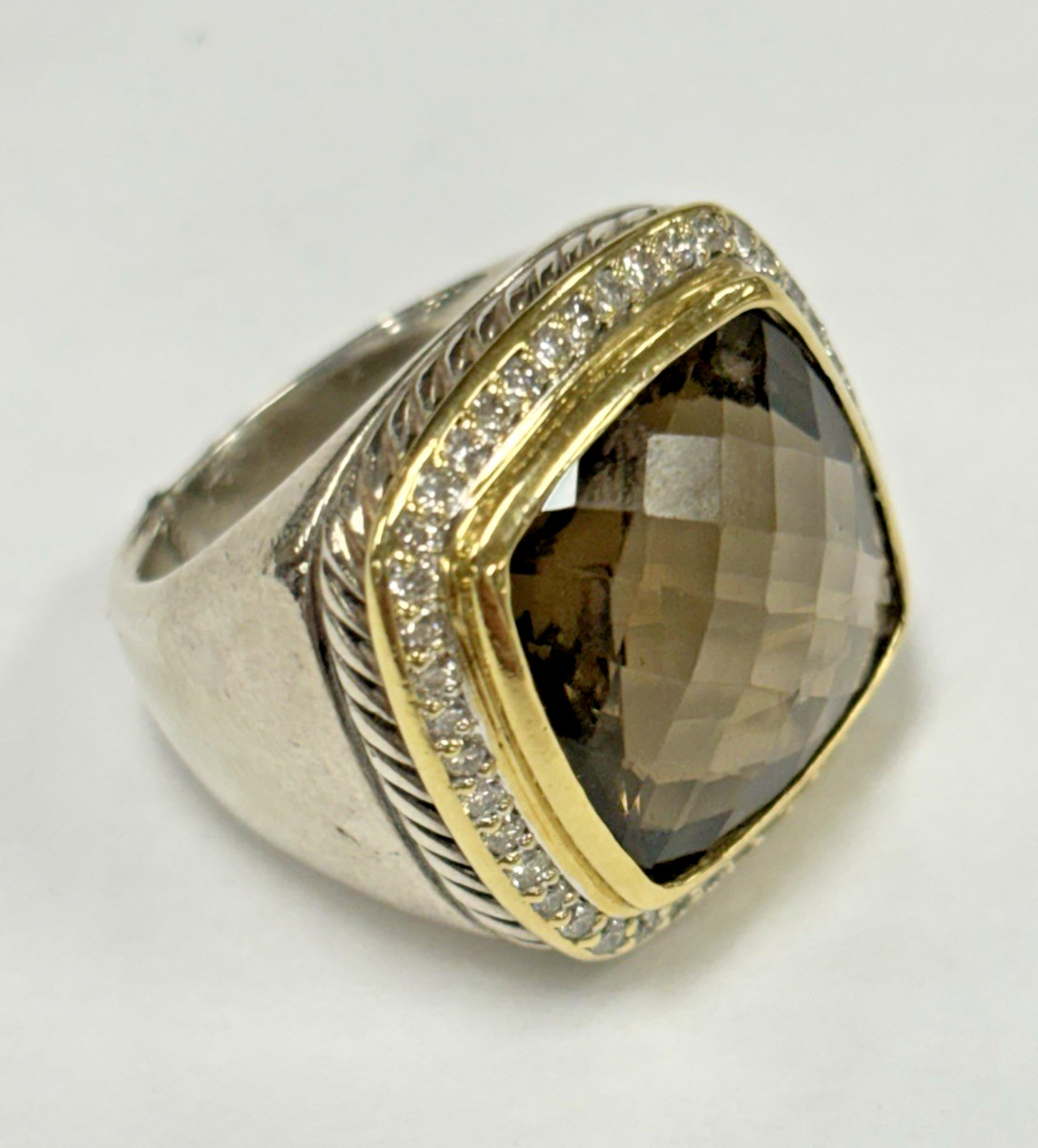David Yurman Sterling & 18k Smoky Quartz Diamond Albion Ring Size 5
