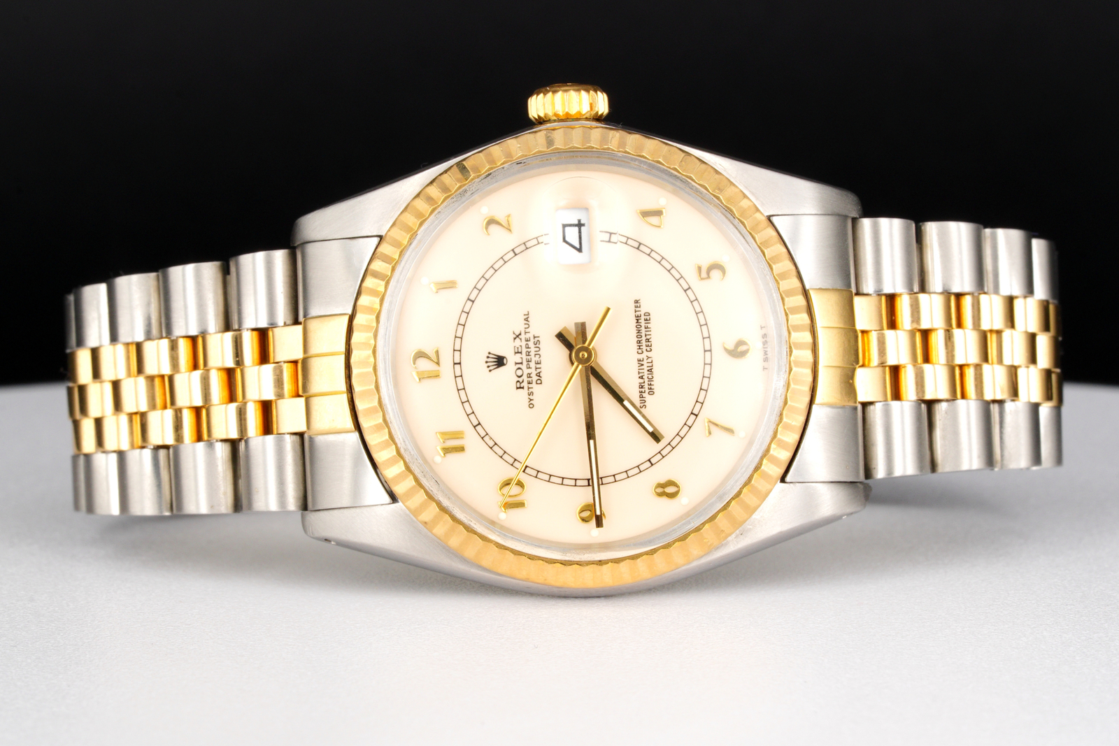 Rolex 2Tone Yellow Gold/Stainless Steel Datejust Watch Cream Arabic Dial 16013