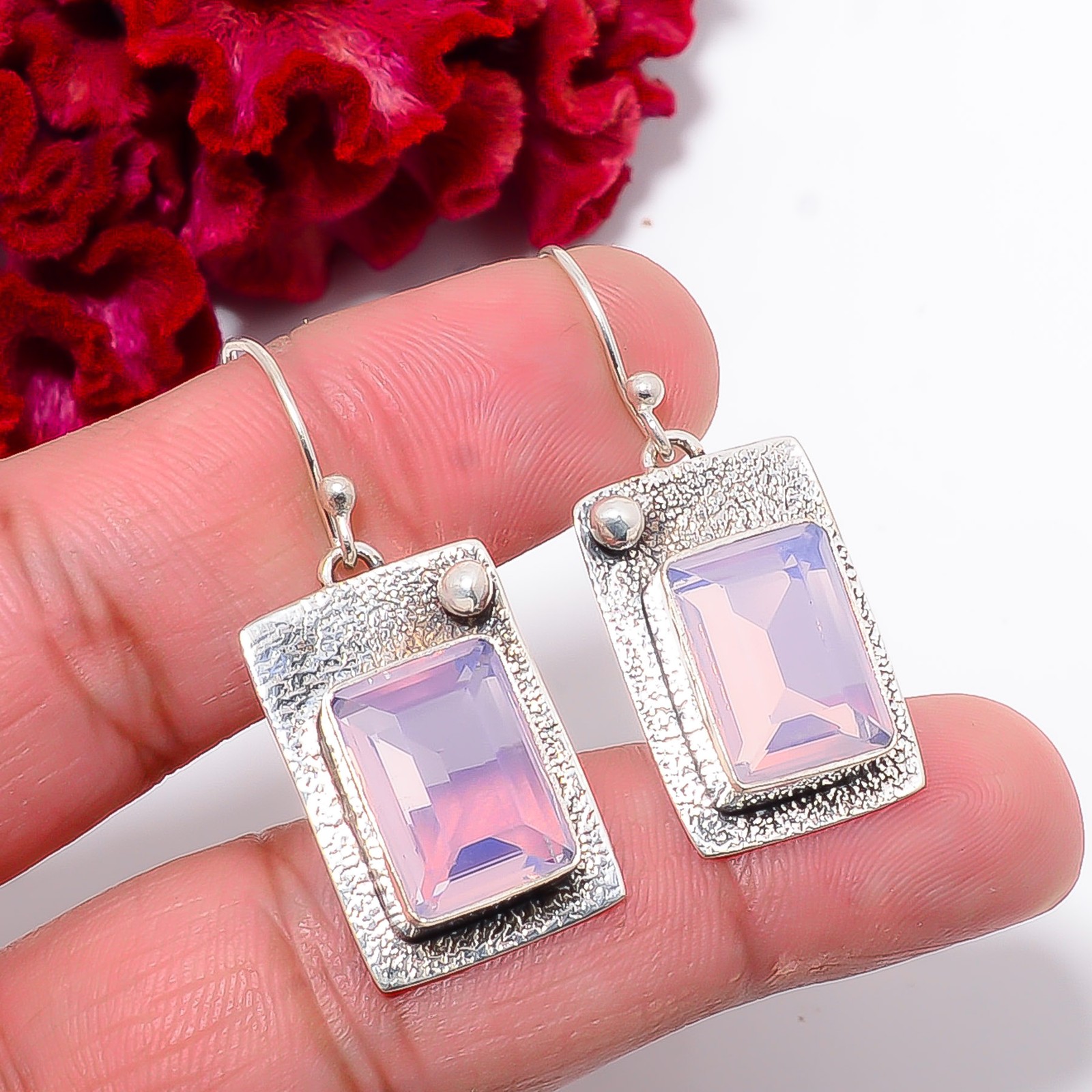 Milky Pink Opal Gemstone 925 Sterling Silver Handmade Earring 1.64″ E102758