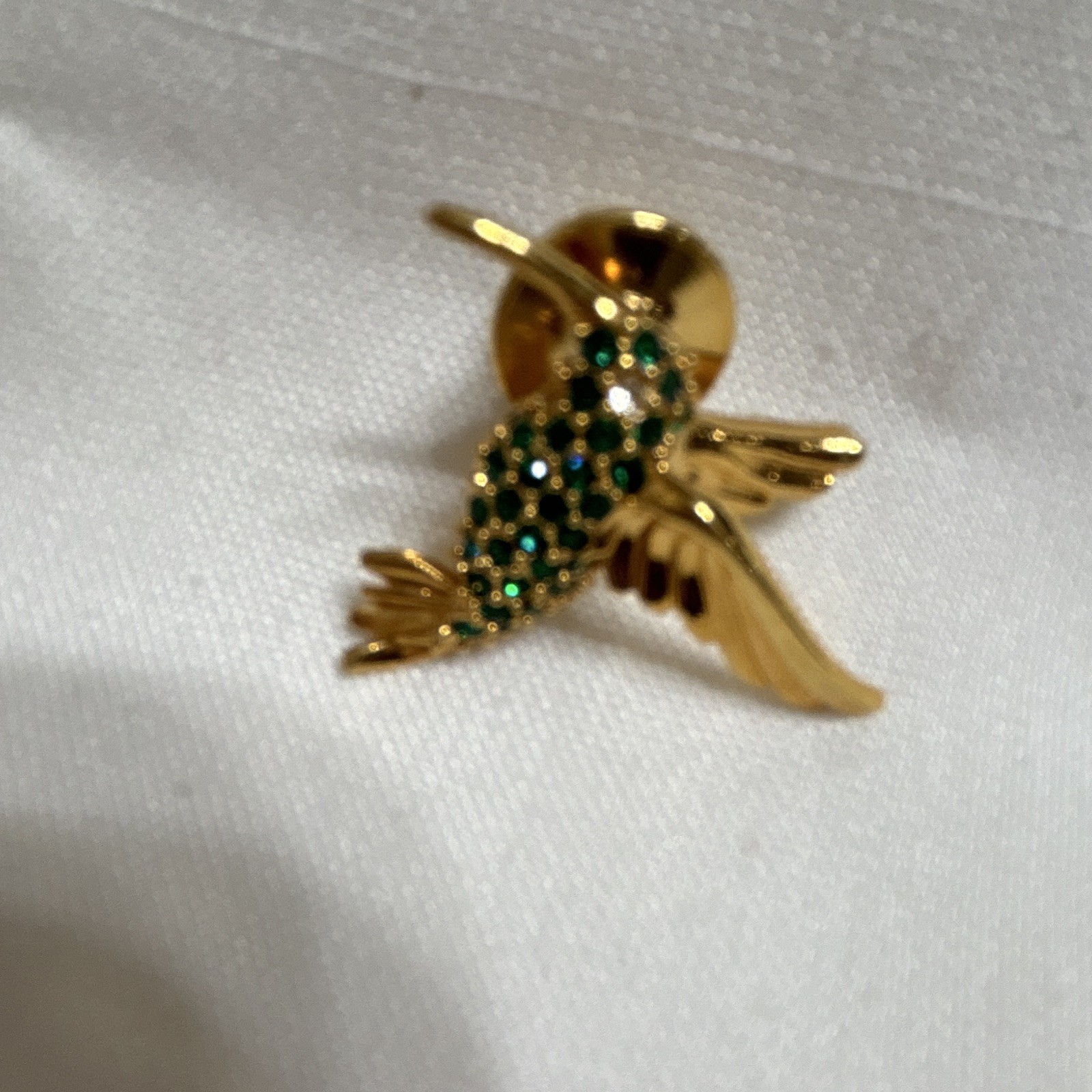 Gold Tone Bird Pin Brooch w/ Green Round Rhinestones, Metal, Gold/Green