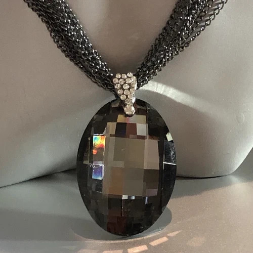 14K Black Rhodium Plated Big Oval Pendant Long Sweater Chain Necklace Gorgeous