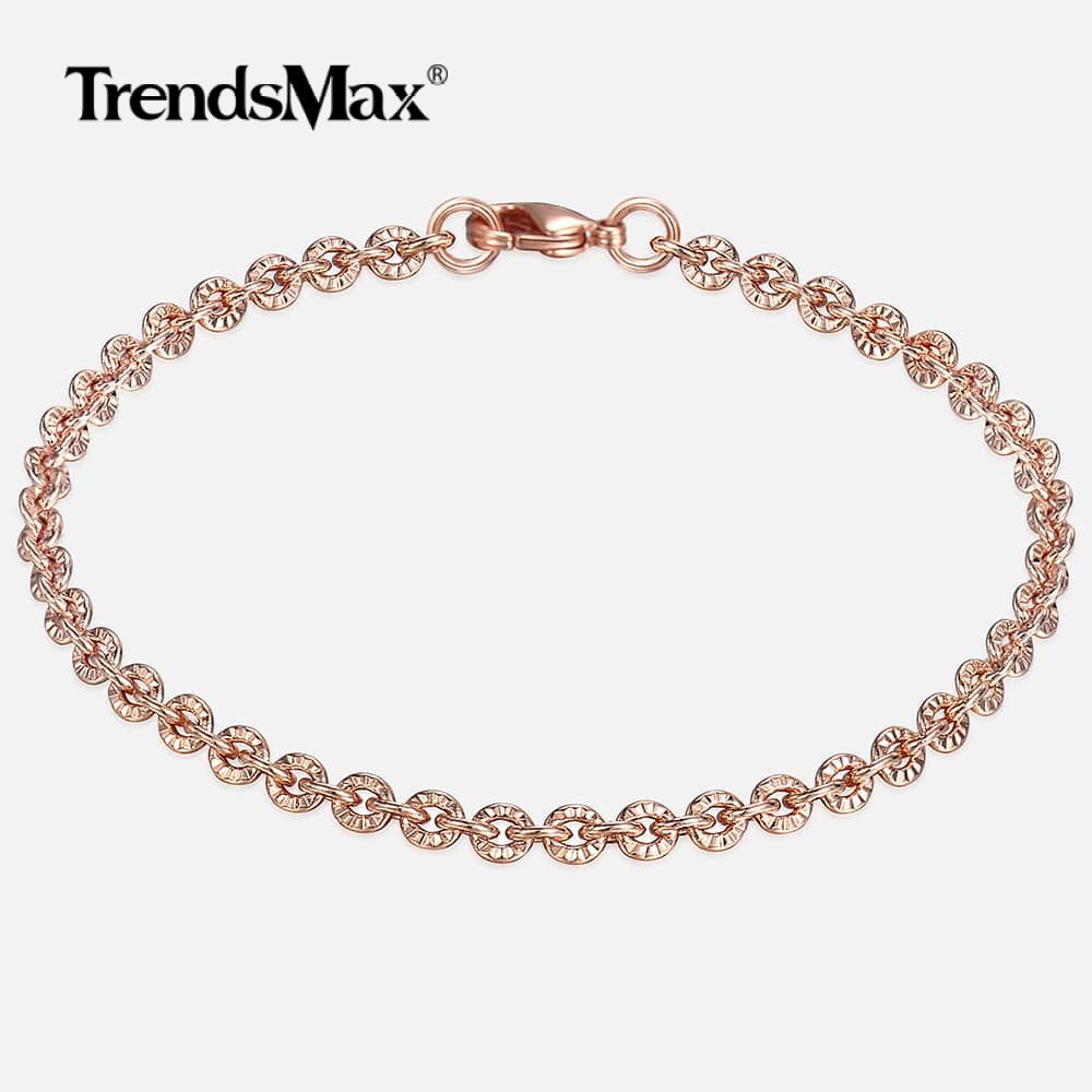 3mm 7″ Rose Gold Filled Unique Rolo Link Chain Bracelet for Women Ladies Girls