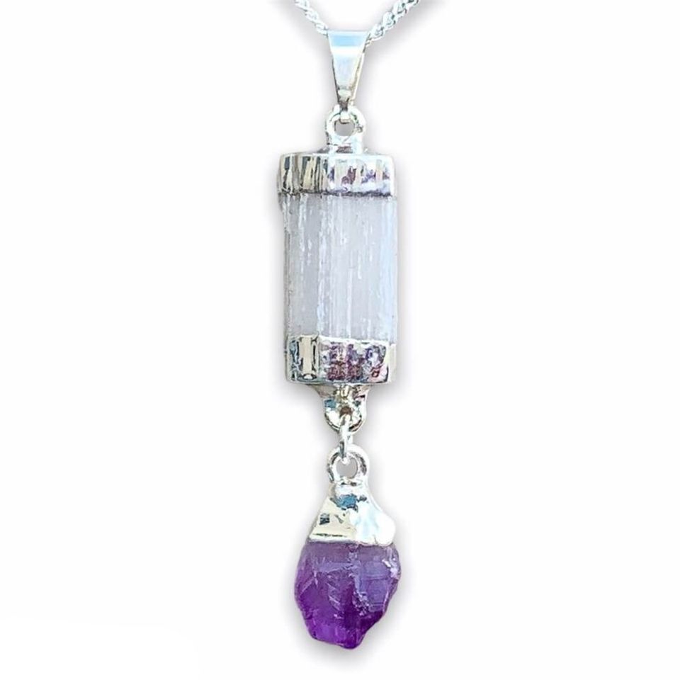 Selenite Amethyst Chakra Crystal Pendant CHARGED 925 Sterling Silver Necklace He