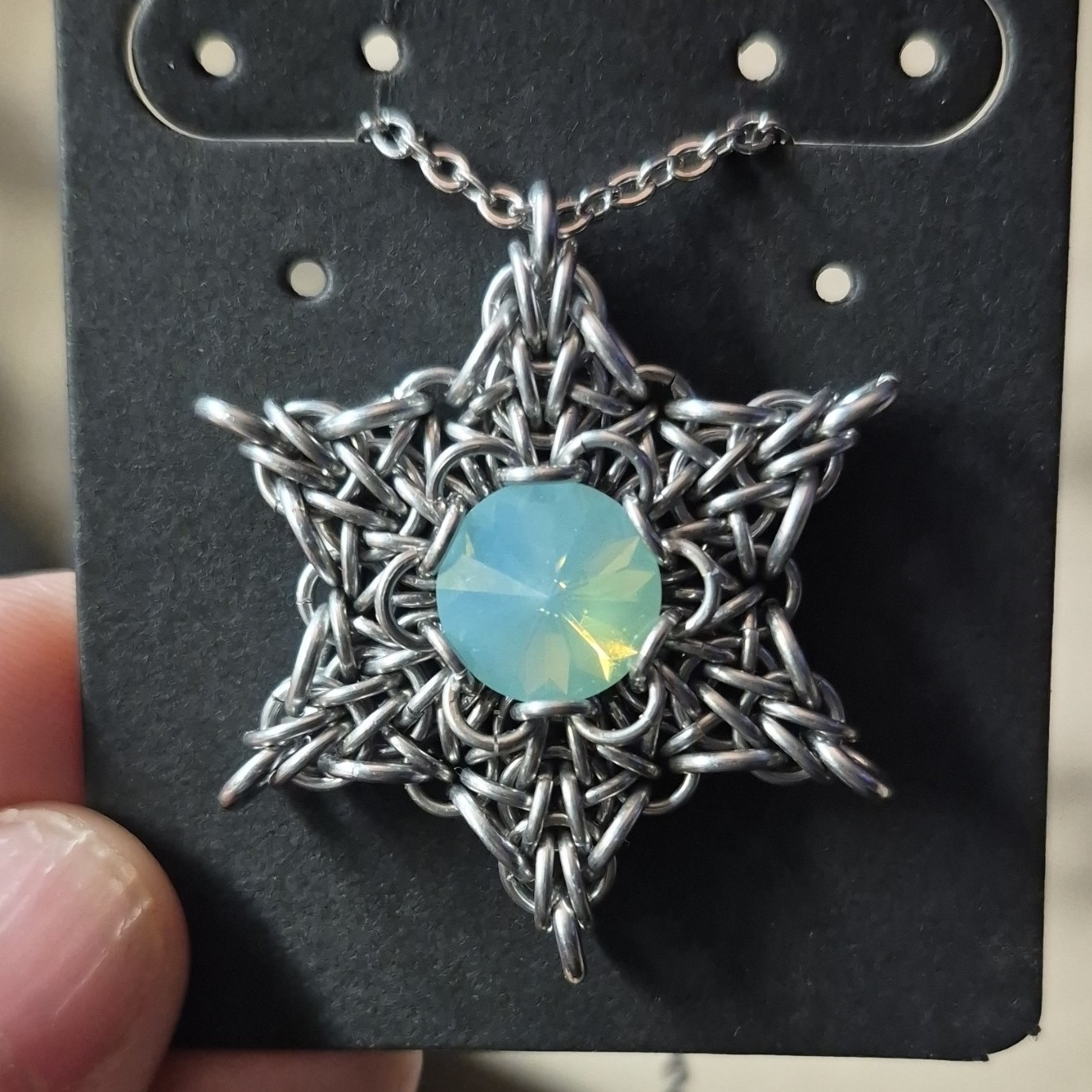 Handcrafted Chainmail Star Pendant Necklace Blue Round Crystal