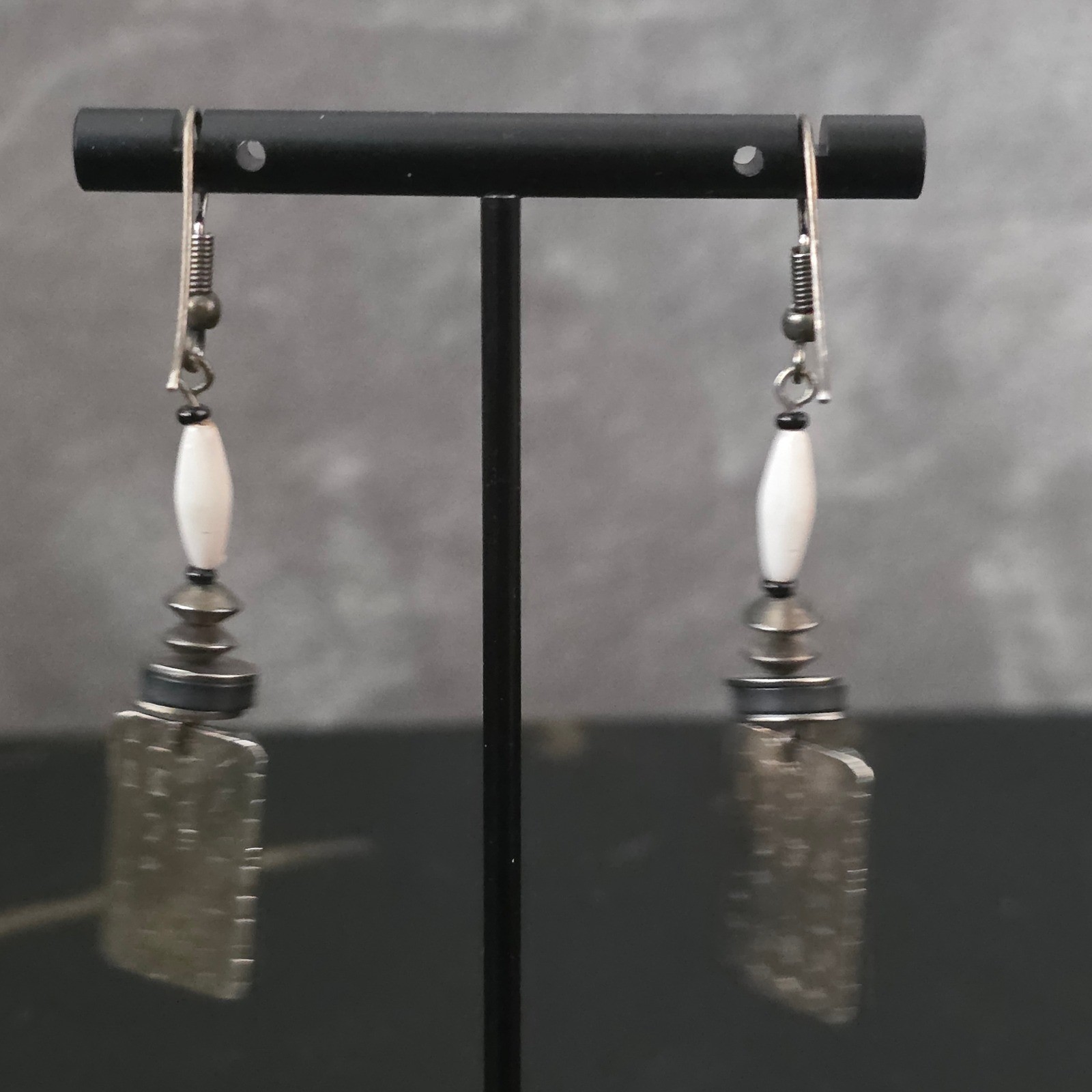 Artisan Mixed Media Drop Earrings Silver Tone Stamped Metal White Bead Dangle