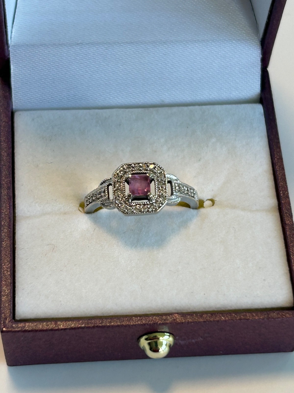 Art Deco 14k White Gold Pink Sapphire & Diamond Ring