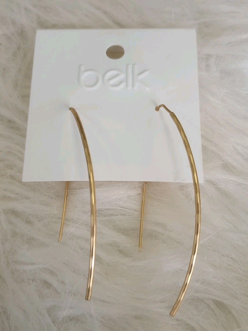 Earrings Threader Drop Yellow Gold Hammered Curved Long Medium M Women Earring