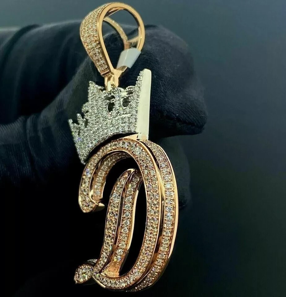 “D” Initial Letter Crown Pendant 2Ct Real Moissanite 14K Two Tone Gold Plated