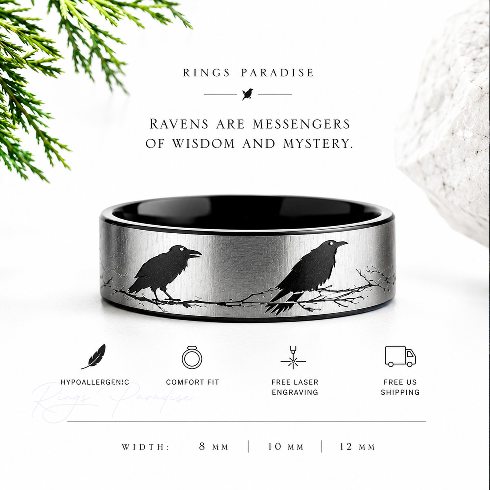 Raven Ring | Black Tungsten Wedding Band With Tree Branch Engraving