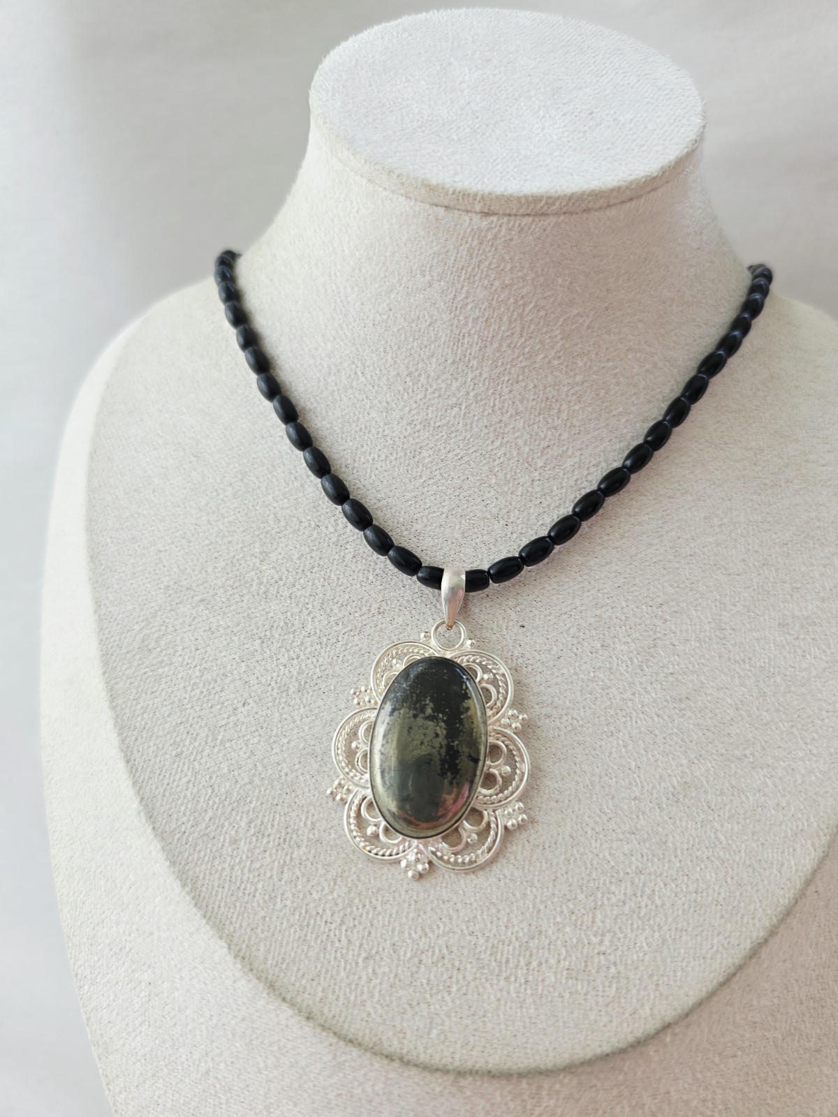 Artisan Handmade black onyx Pyrite Necklace Clasp Signed Silver 925 goth regal