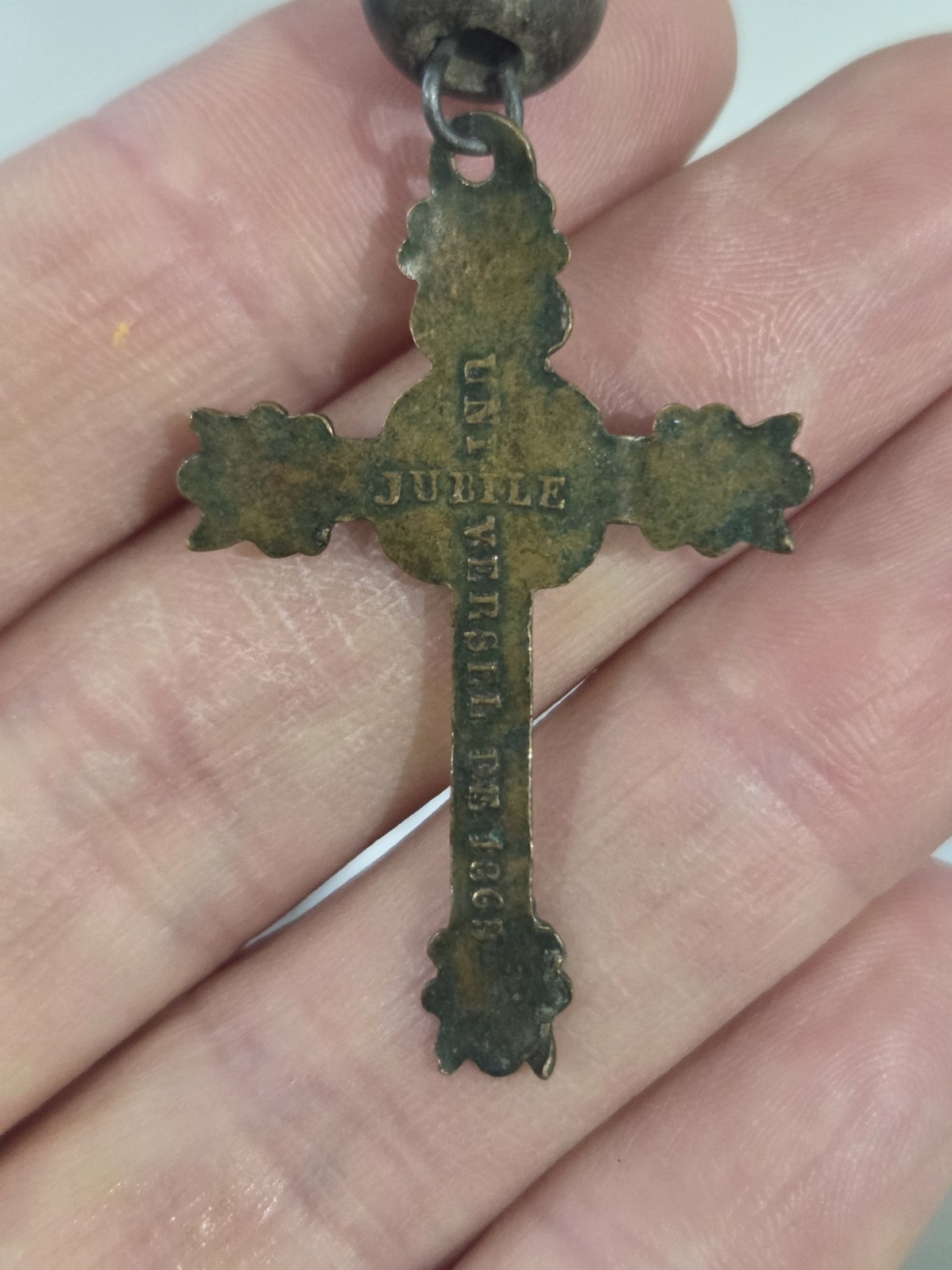 Antique French Wood Brass Rosary Beads & Cross 72cm Necklace 13cm To Cross