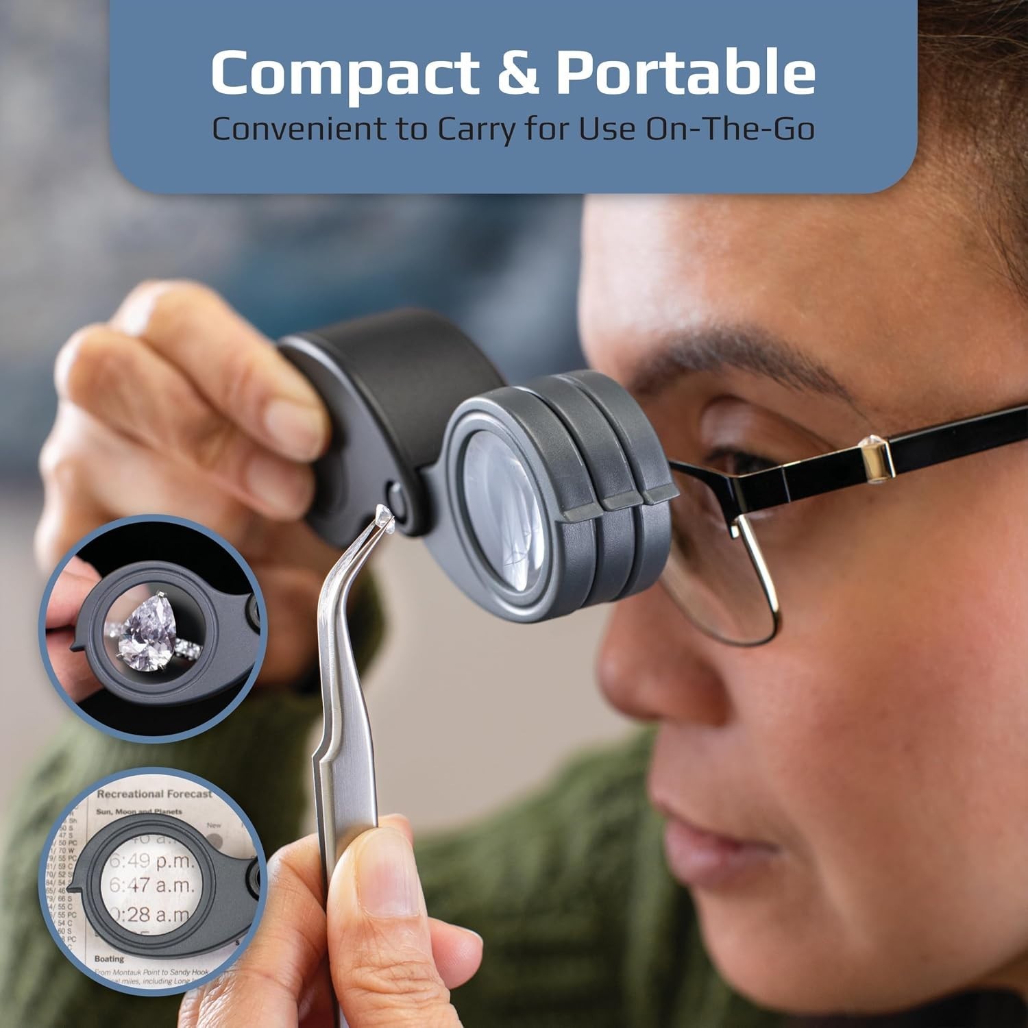 TriView 5x/10x/15x Folding Loupe Magnifier with Built-in Case, 3-in-1 Portabl…