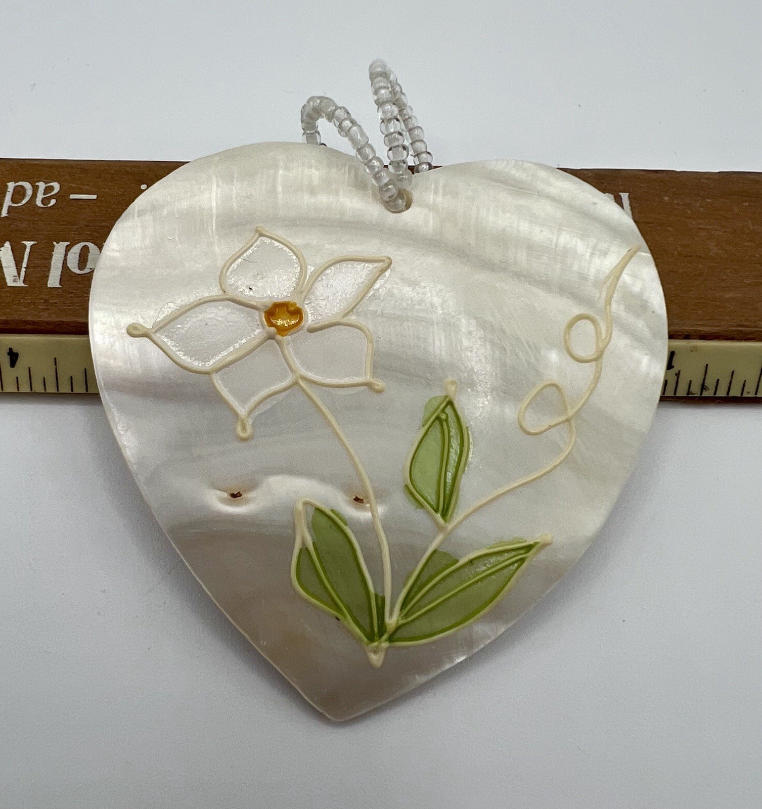 Vtg Large MOP Shell Heart Pendant Hand Painted Flower Beads Gorgeous Unique