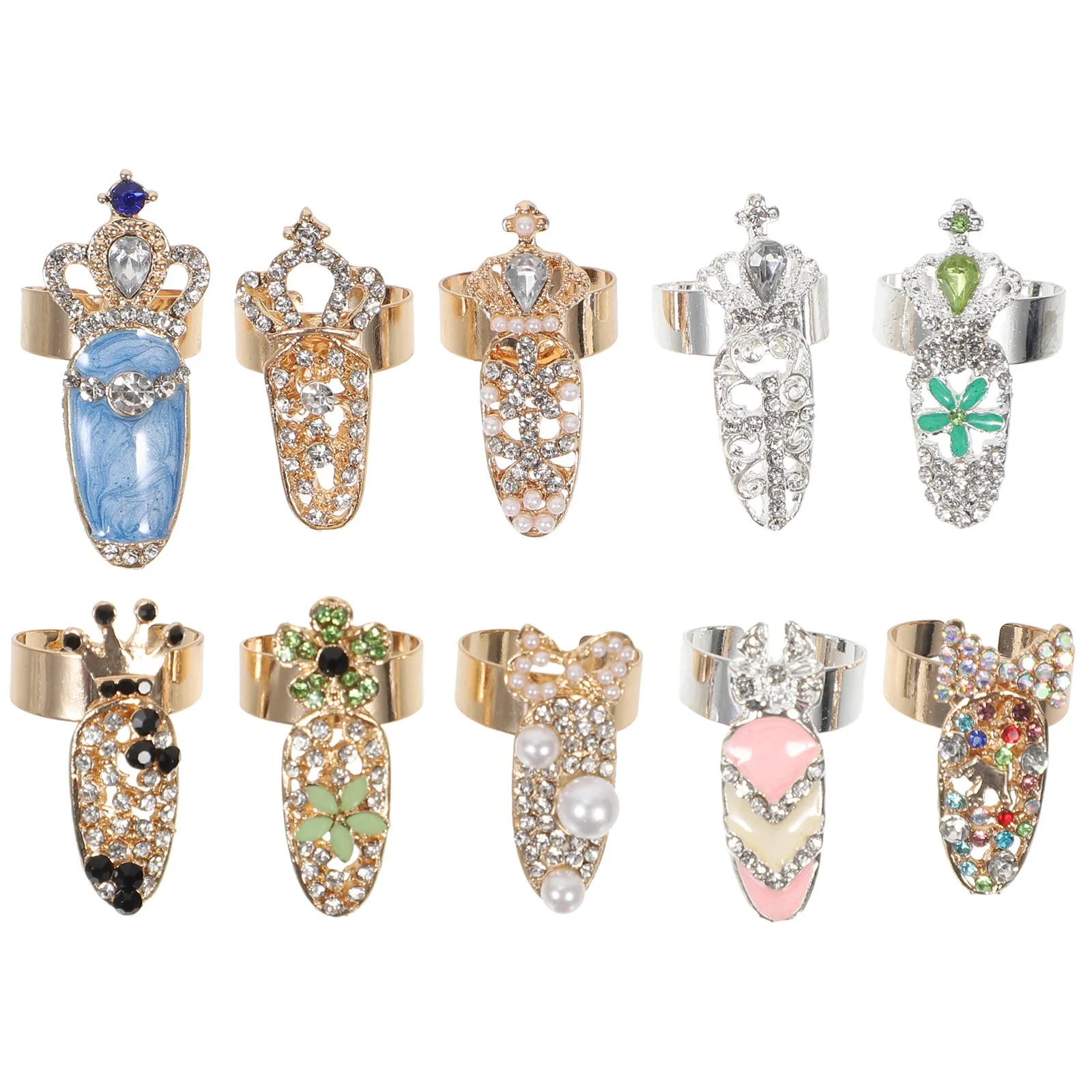 10Pcs Rhinestone Nail Rings Finger Tip Rings Women Punk Party Costume Jewelry