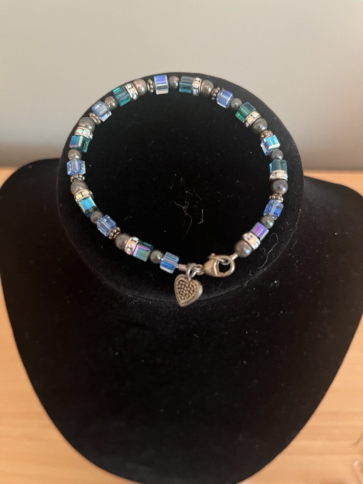 Handcrafted Bracelet With Blue&silver Beads-Heart Charm/Safety Crimping Clasp