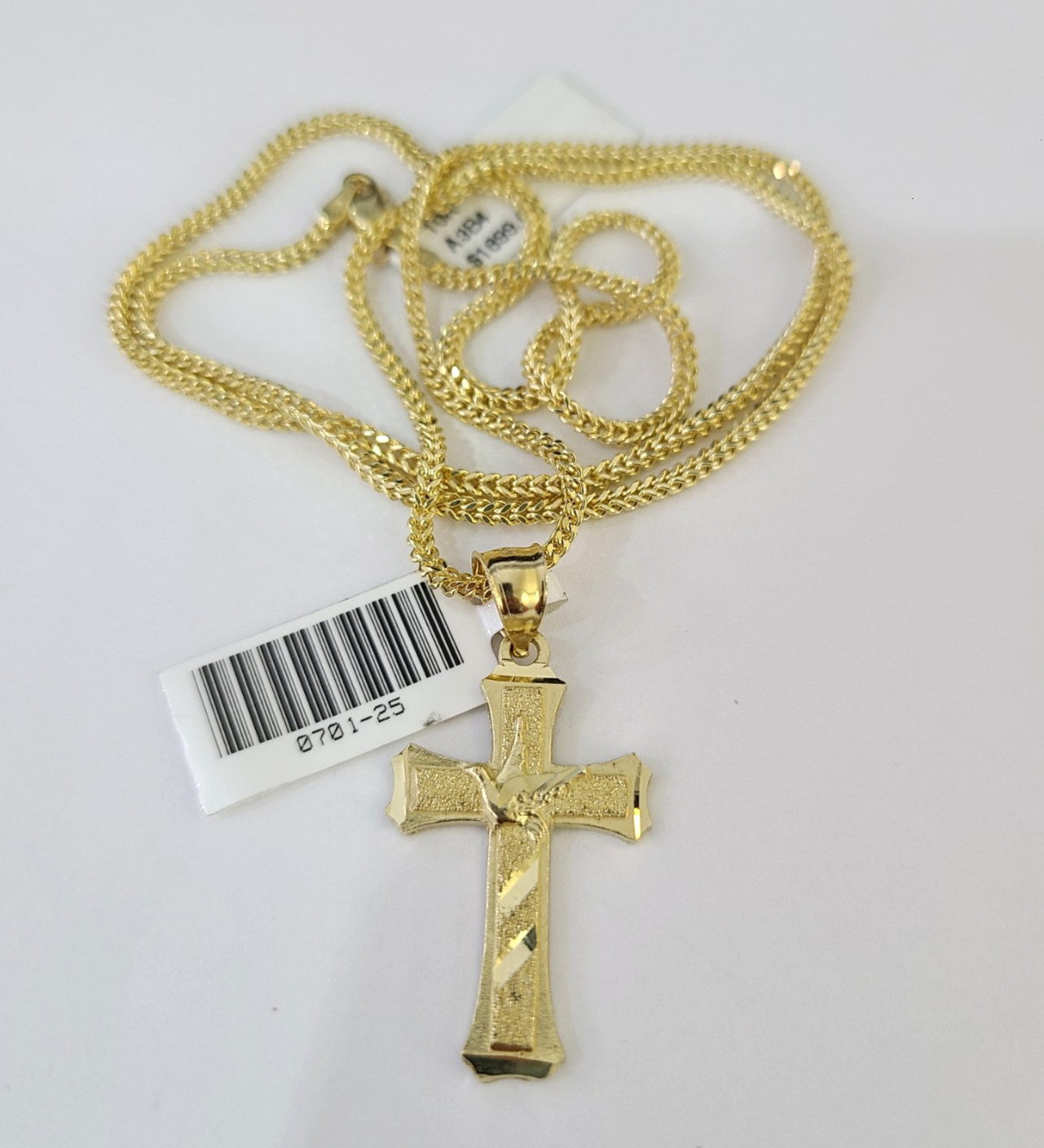 Real 10k Yellow Gold Franco Chain Jesus Cross Pendant Charm 2mm Necklace