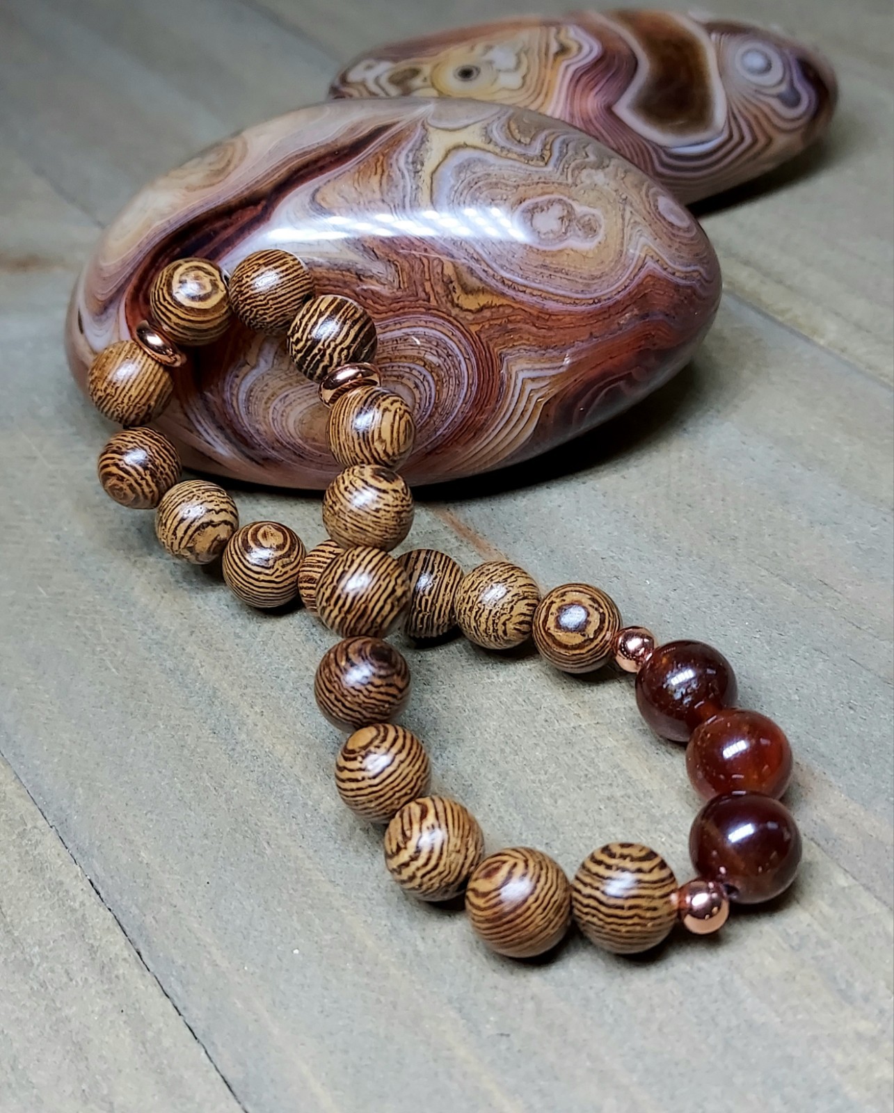 Hessonite Garnet Gemstone Bracelet With Brown Wooden Beads Stretchy 6.50″