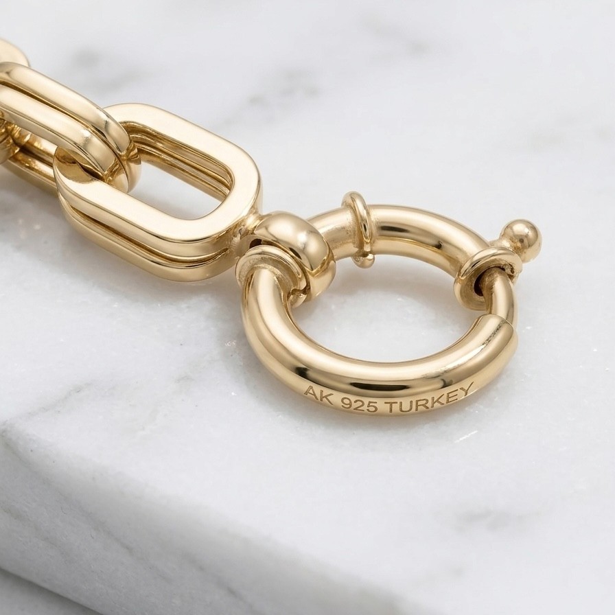 14K Yellow Gold Plated 925 Sterling Silver Double Oval Paperclip Bracelet 7.75″