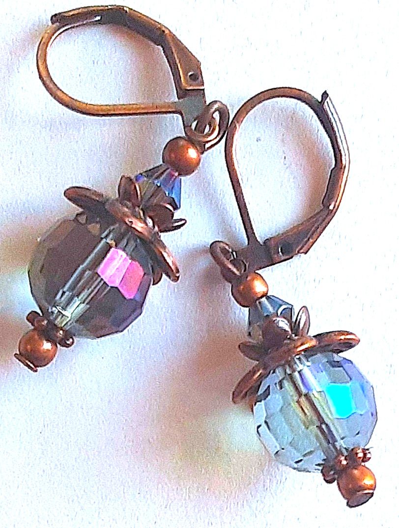 colorized MONTANA BLUE CHINESE Crystal earring COPPER LEVERBACK handcrafted XX