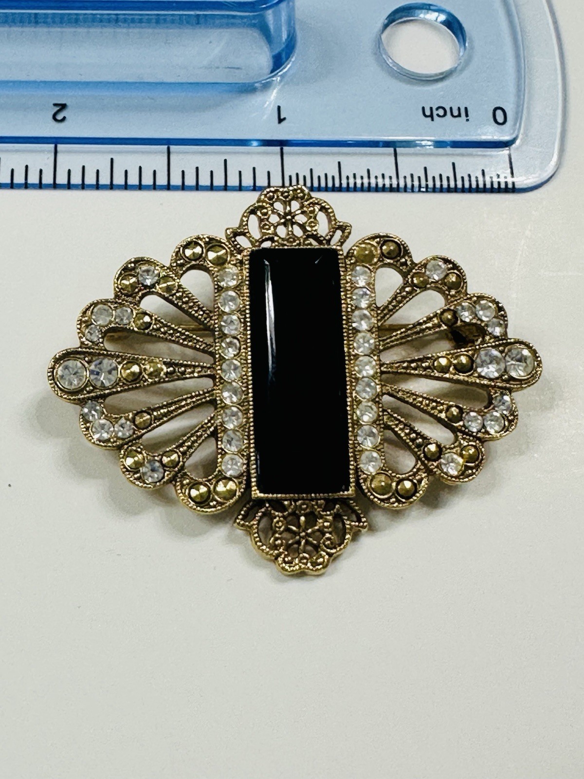 Vintage 1928 Faux Black Onyx And Crystal Gold Tone Brooch