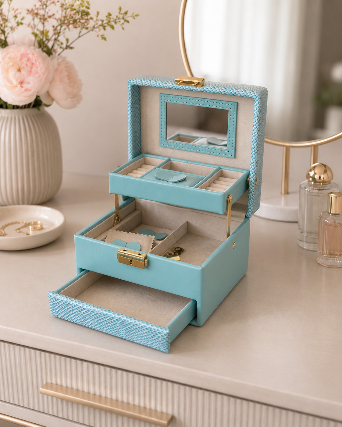 Turquoise Jewelry Box Faux Snakeskin Mirror Drawer Ring Storage Gold Hardware