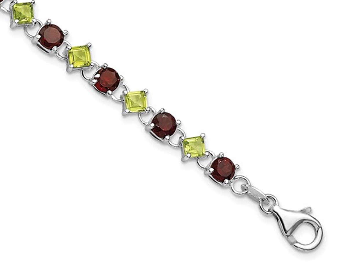 Green Peridot and Red Garnet Heart Bracelet in Sterling Silver