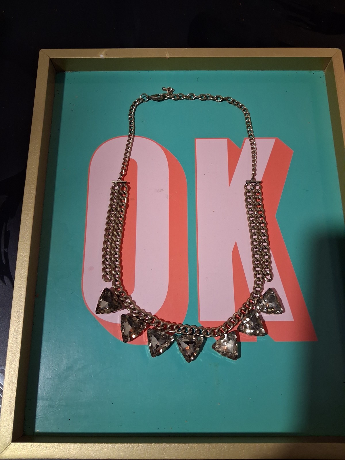 Silver Tone Adjustable Curb Chain Statement Necklace with Triangle Accents