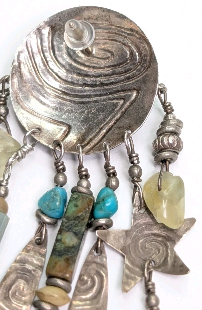 Vintage Tabra Moon Face Dangle Earrings Celestial Charms Sterling Silver 3.75 In