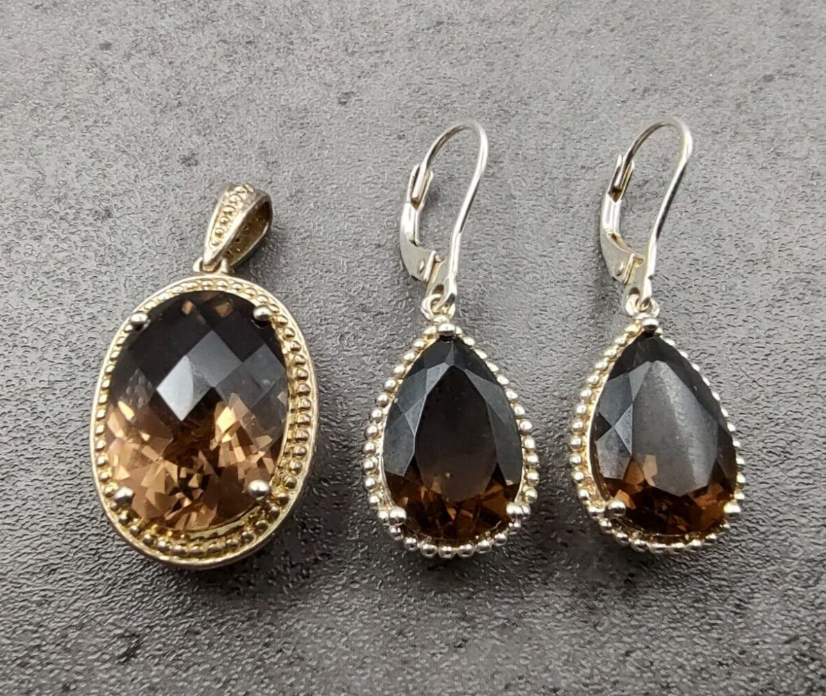 Michelle Albala Sterling Silver Smoky Quartz & Diamond Rev Pendant & Earrings