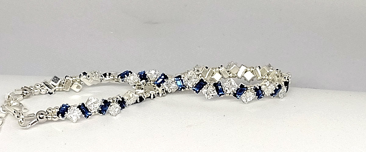 7-inch Bracelet Angle Stack – 3mm White SQUARE-2x4mm Royal Blue Rectangle.