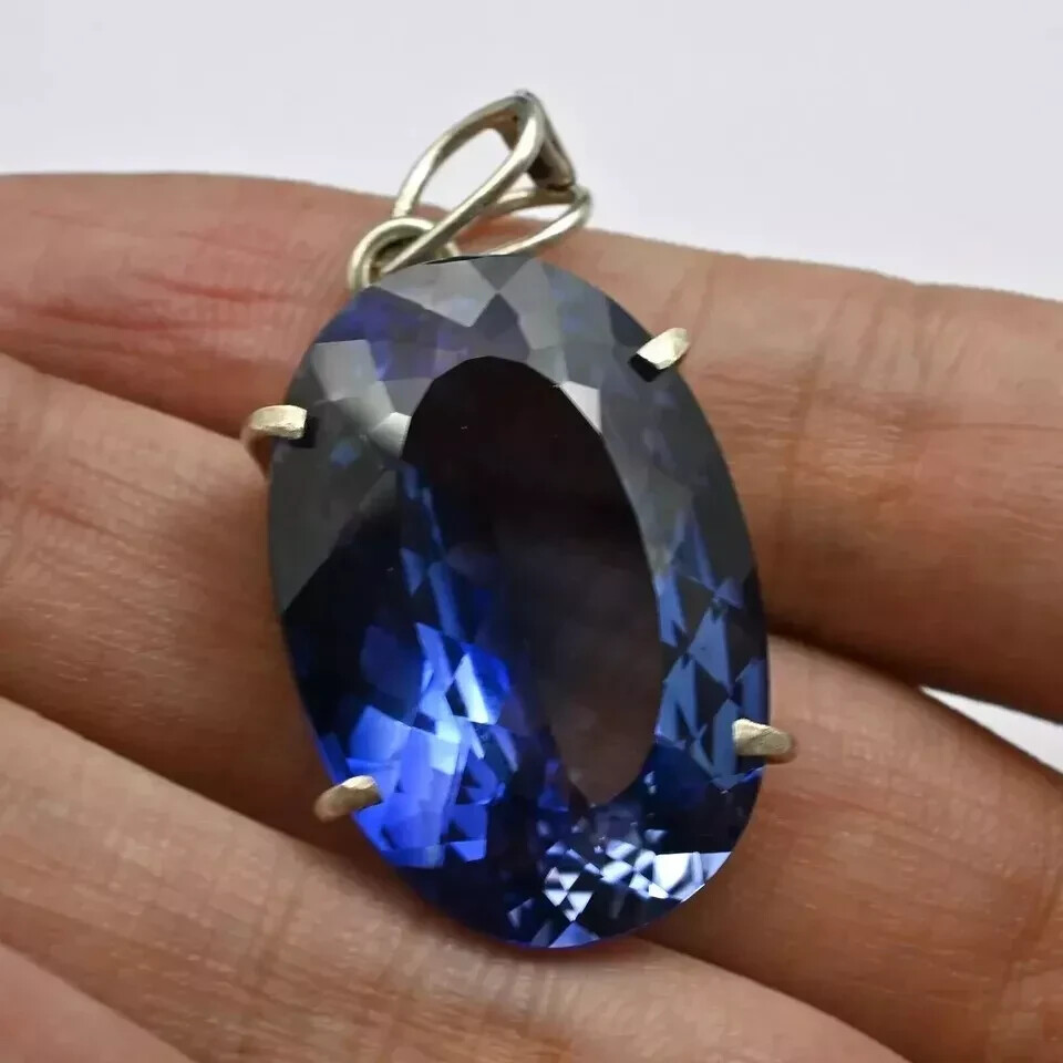 23 Ct Natural Blue Sapphire Certified Oval Cut 925 Solid Silver Pendant Gemstone