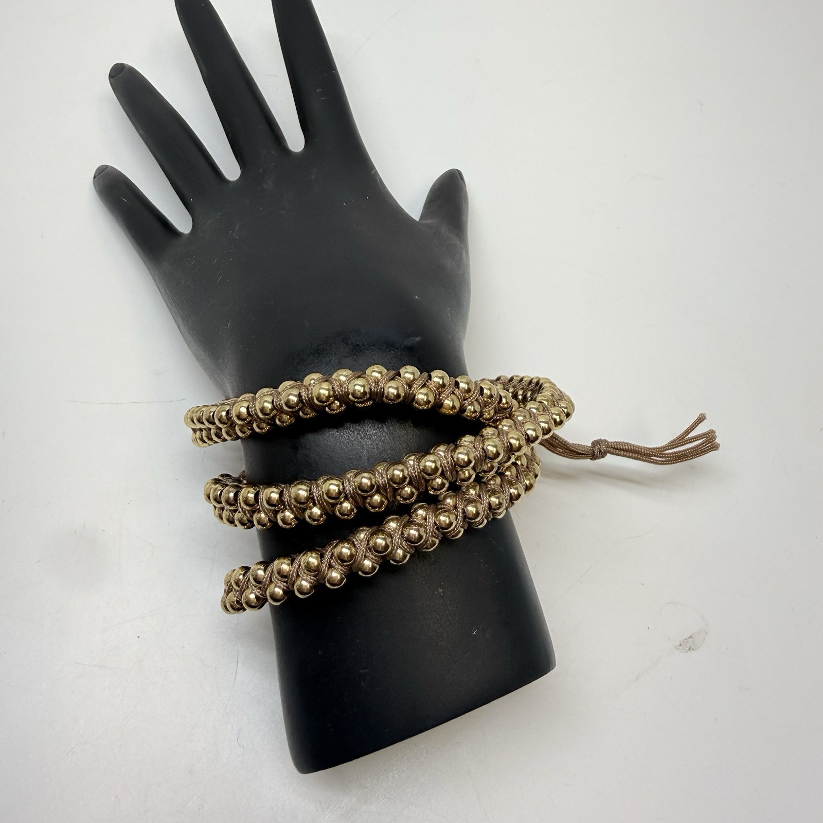 Lulu Dharma Twisted Gold Beaded Tan Color Thread Triple Wrap Bracelet