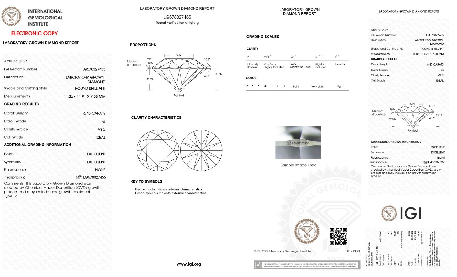 LAB GROWN 6.45 Cts ROUND Cut IGI CERTIFIED G Color VS2 Clarity CVD Diamond