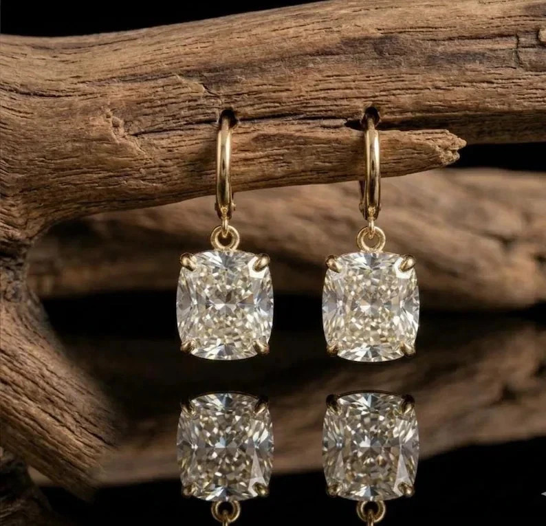 4.00 Ct Cushion Cut E-VS1 Lab Grown Diamond Drop Dangle Earrings 14K Yellow Gold