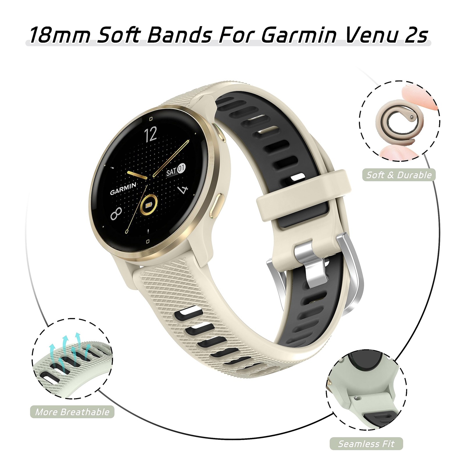 18mm Sport Watch Band Compatible with Garmin Venu 3S/2S/4 41mm Vivoactive 4S