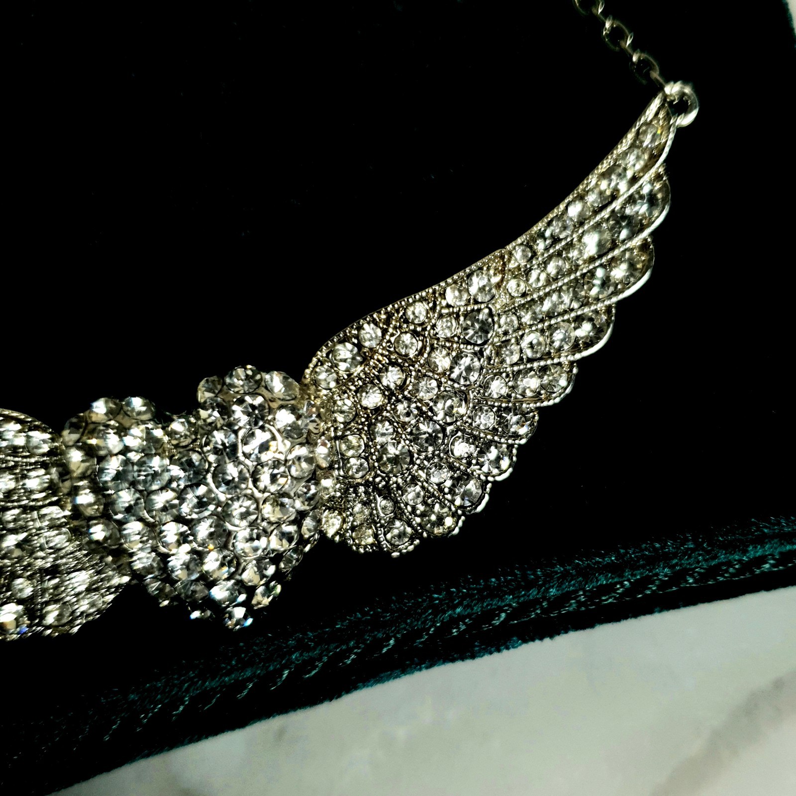 Mikey Crystal Angel Wings Heart Necklace Silver Tone Statement New Unworn Gift
