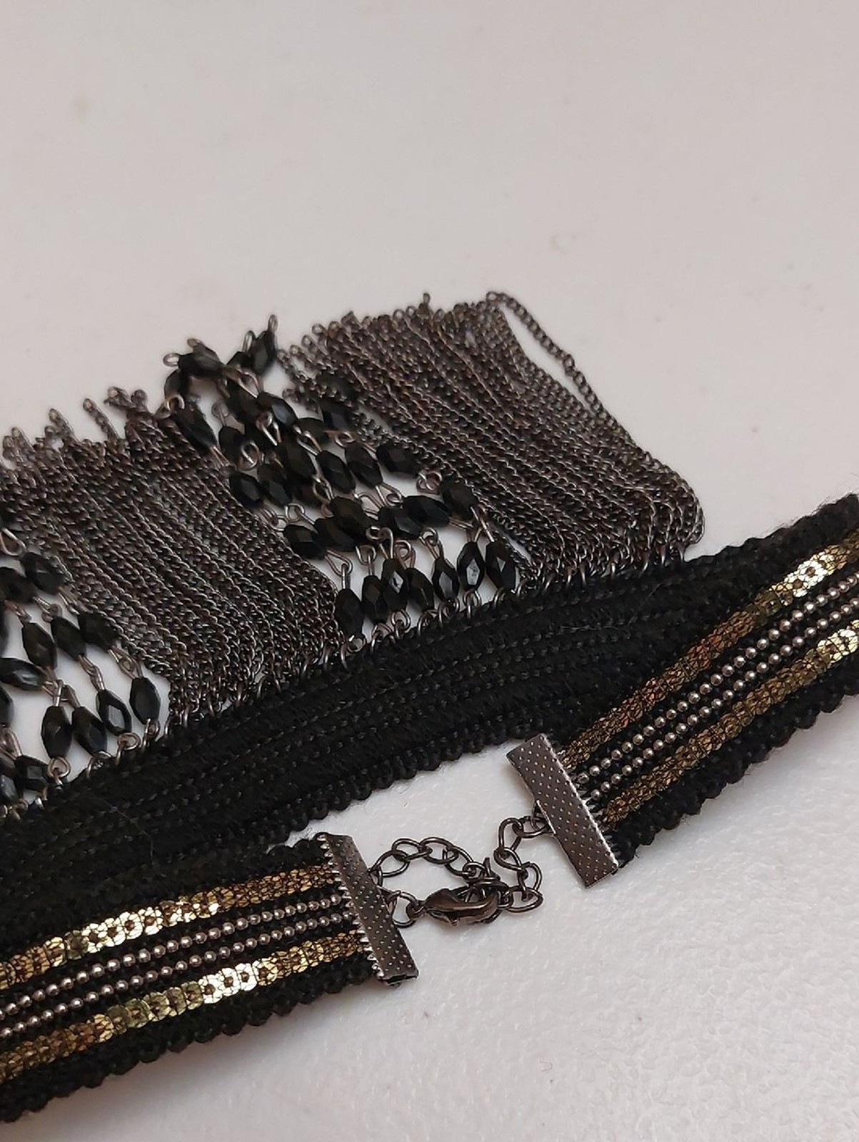Goth Bohemian Black & Silver Beaded Chain Fringe Choker Statement Necklace