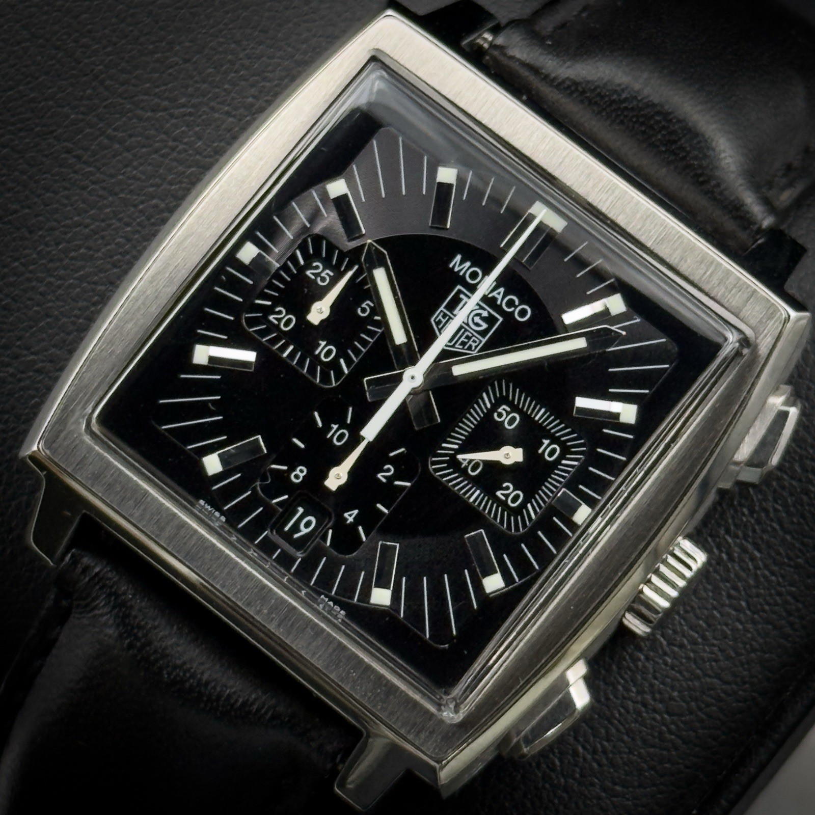 Tag Heuer MONACO Black Dial Chronograph CW2111 Stainless Steel Leather Strap