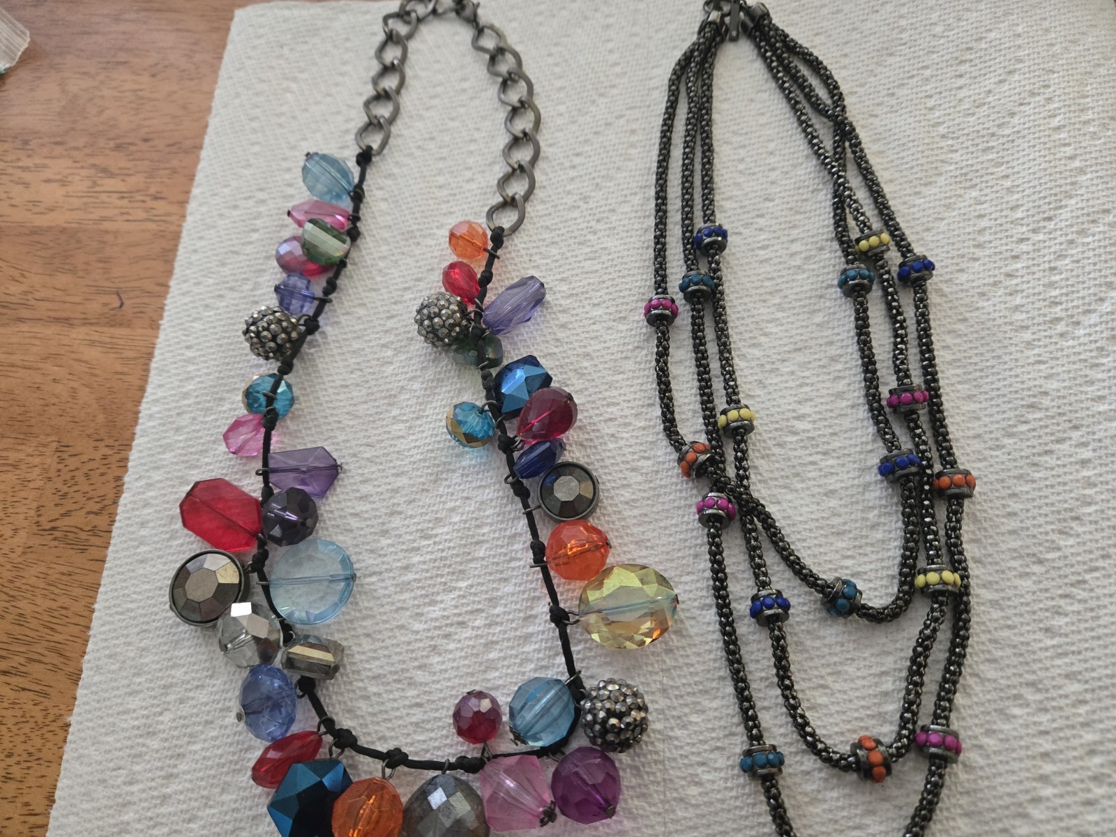 Two Necklace Lot. Black Base With Multicolor Stones/Beads.
