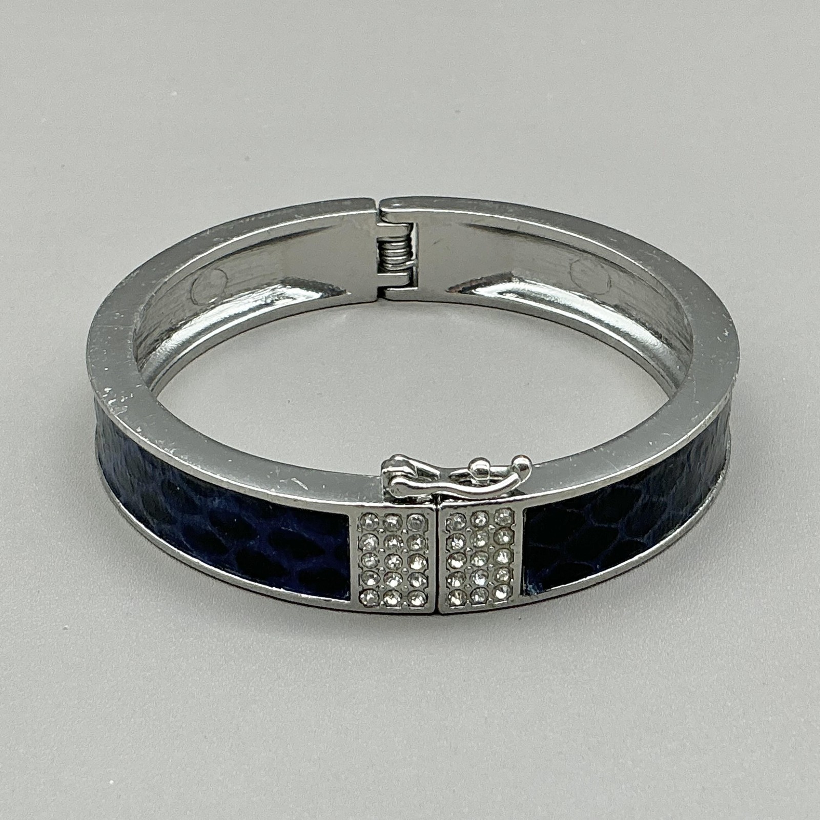 Ann Taylor Bracelet Blue Enamel Bangle Silver Tone Crystal Hook Clasp Womens