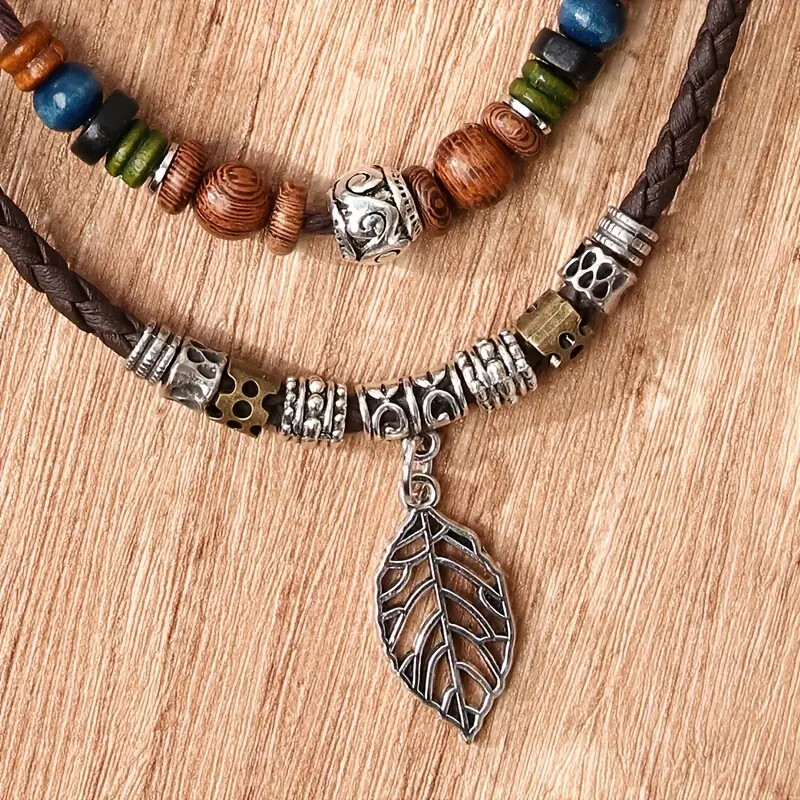 New PU Leather Leaf Wooden Bead Necklace Party Ornament Jewelry Gift Men Women
