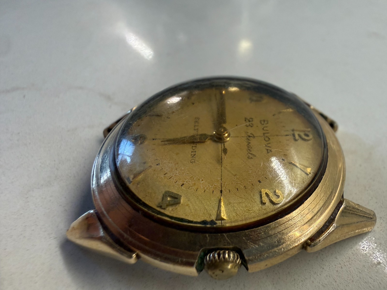 Vintage 1958 Bulova 23 Jewel Self Winding Watch Gold Tropical Linen Dial