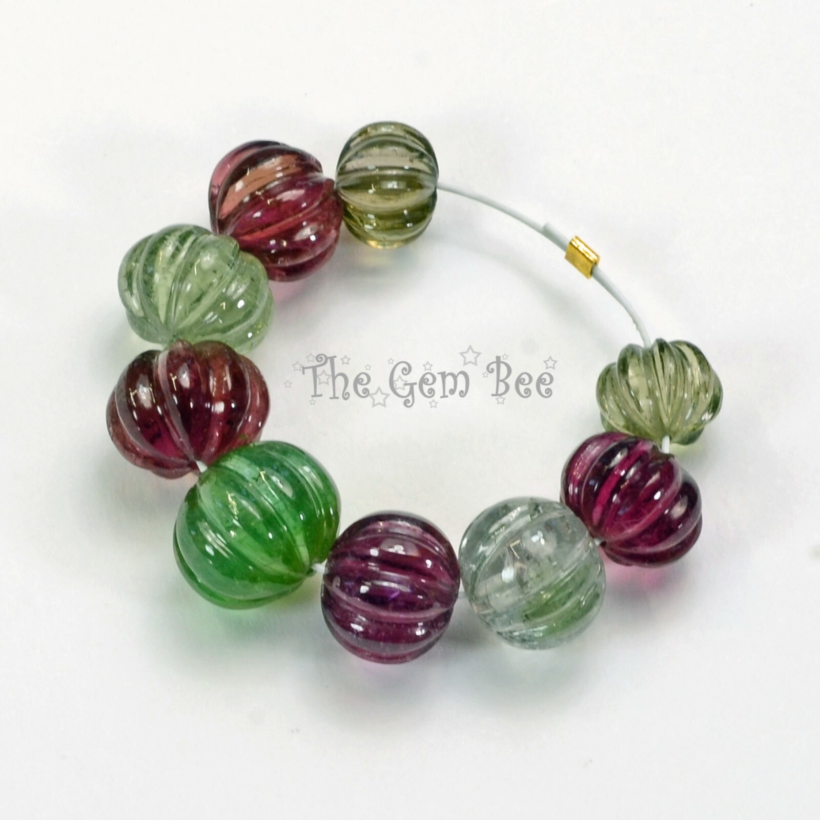 7.6mm-10.8mm Fine Candy Tourmaline Carved Melon Fluted Bead 2.6″ Strand (9)