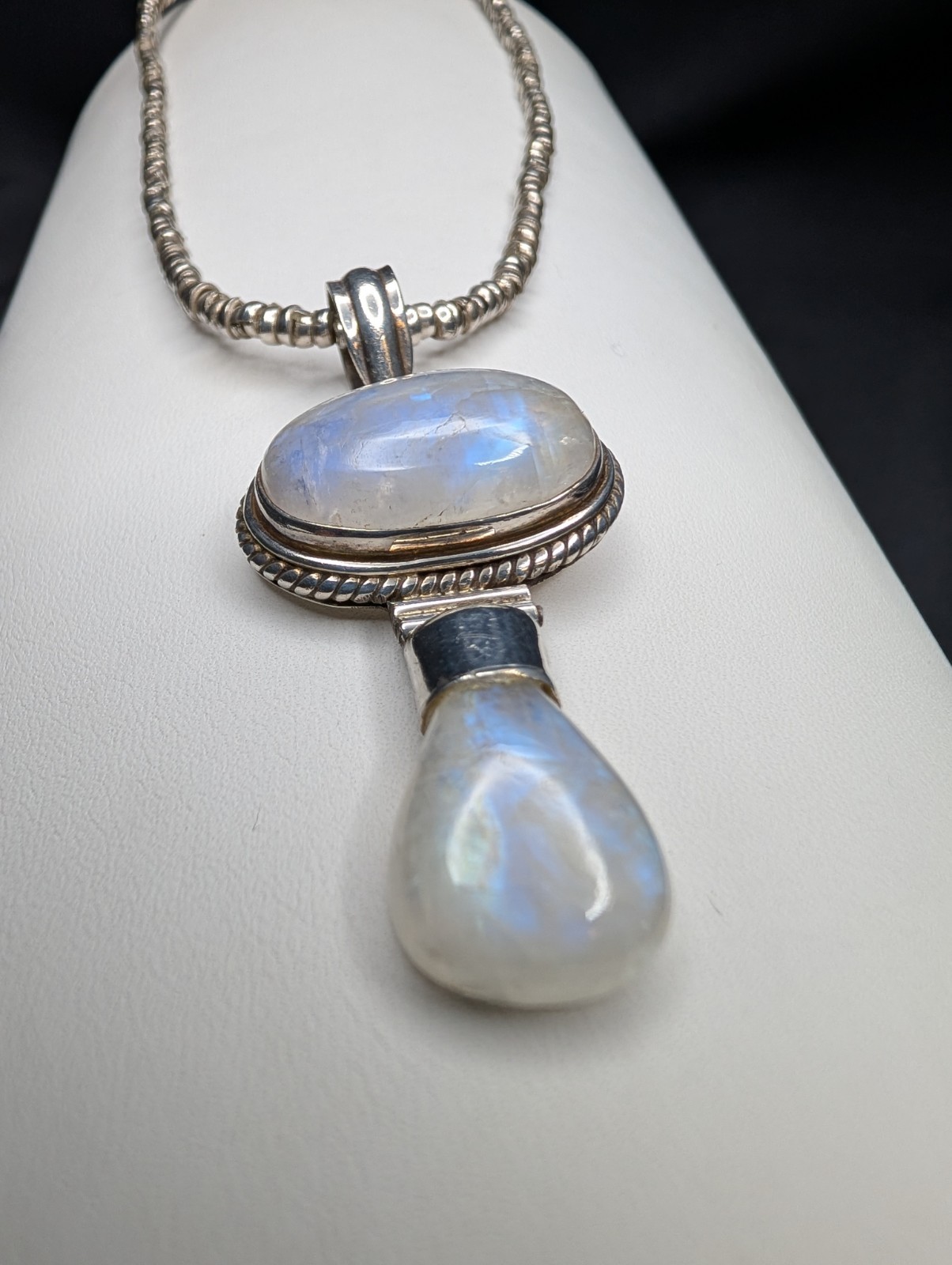 Moonstone Pendant With Sterling Silver Beaded Necklace