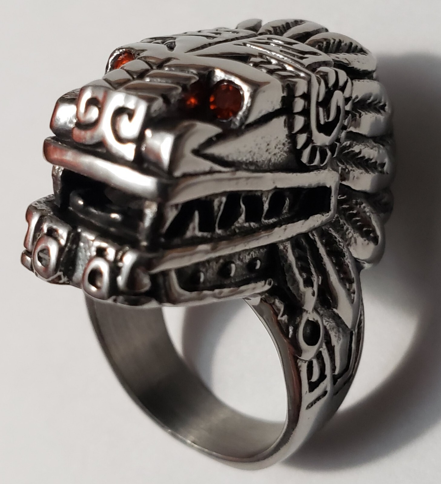 Aztec Mayan Chicano Biker Lowrider Quetzalcoatl Ring red jewel eyes Indigenous